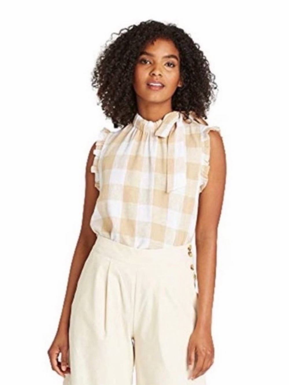 Who What Wear Sleeveless linen gingham bow shoulder blouse in mustard Yellow Med